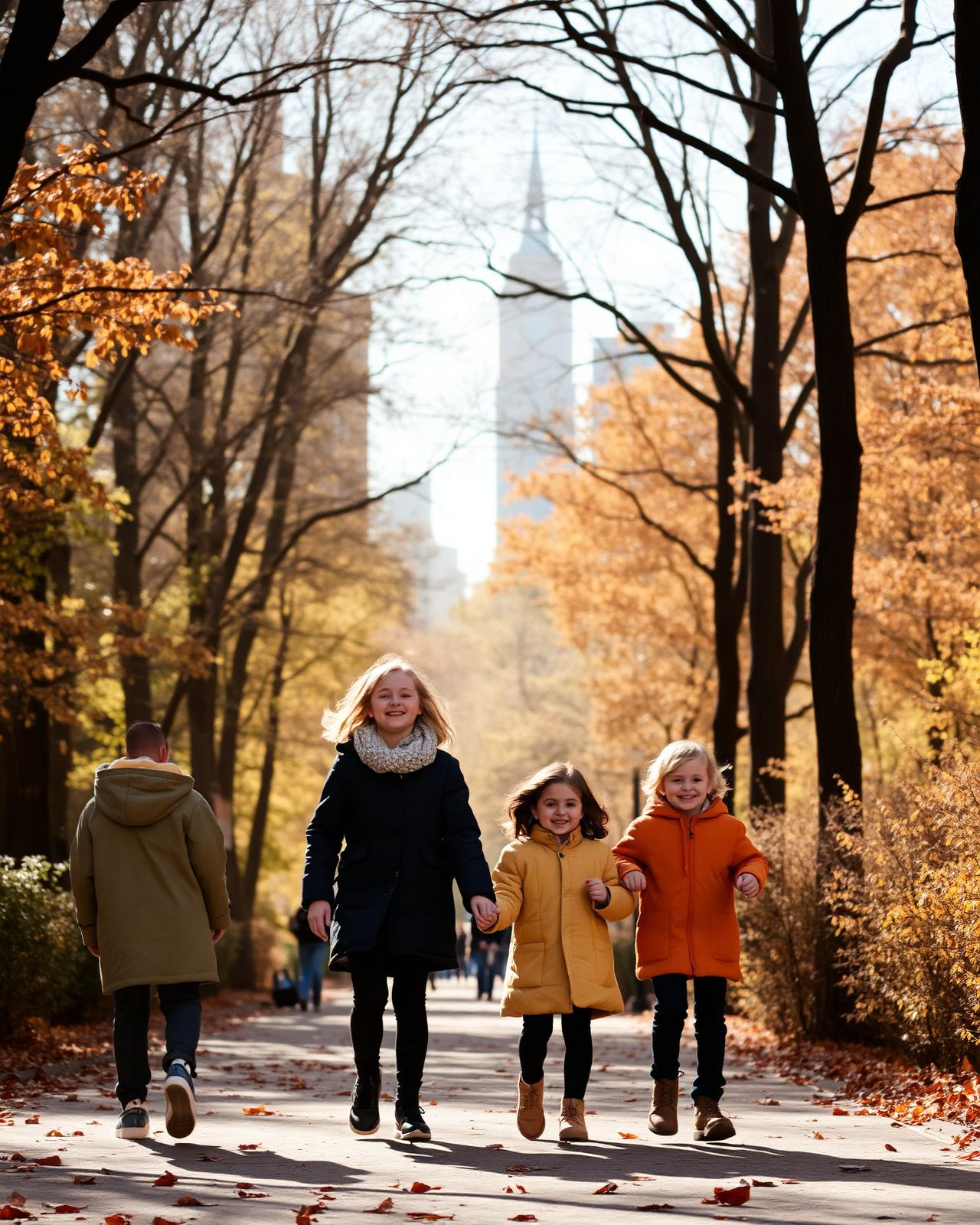 Family walking through Central Park in autumn