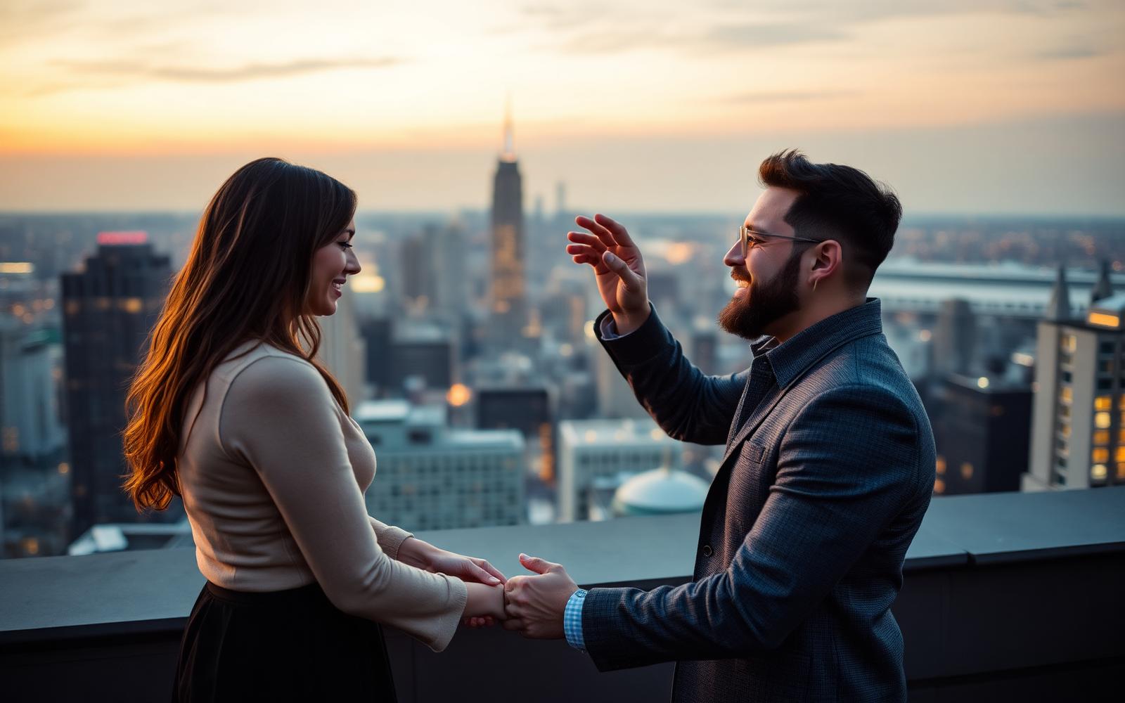 Marriage proposal on a Manhattan rooftop at dusk