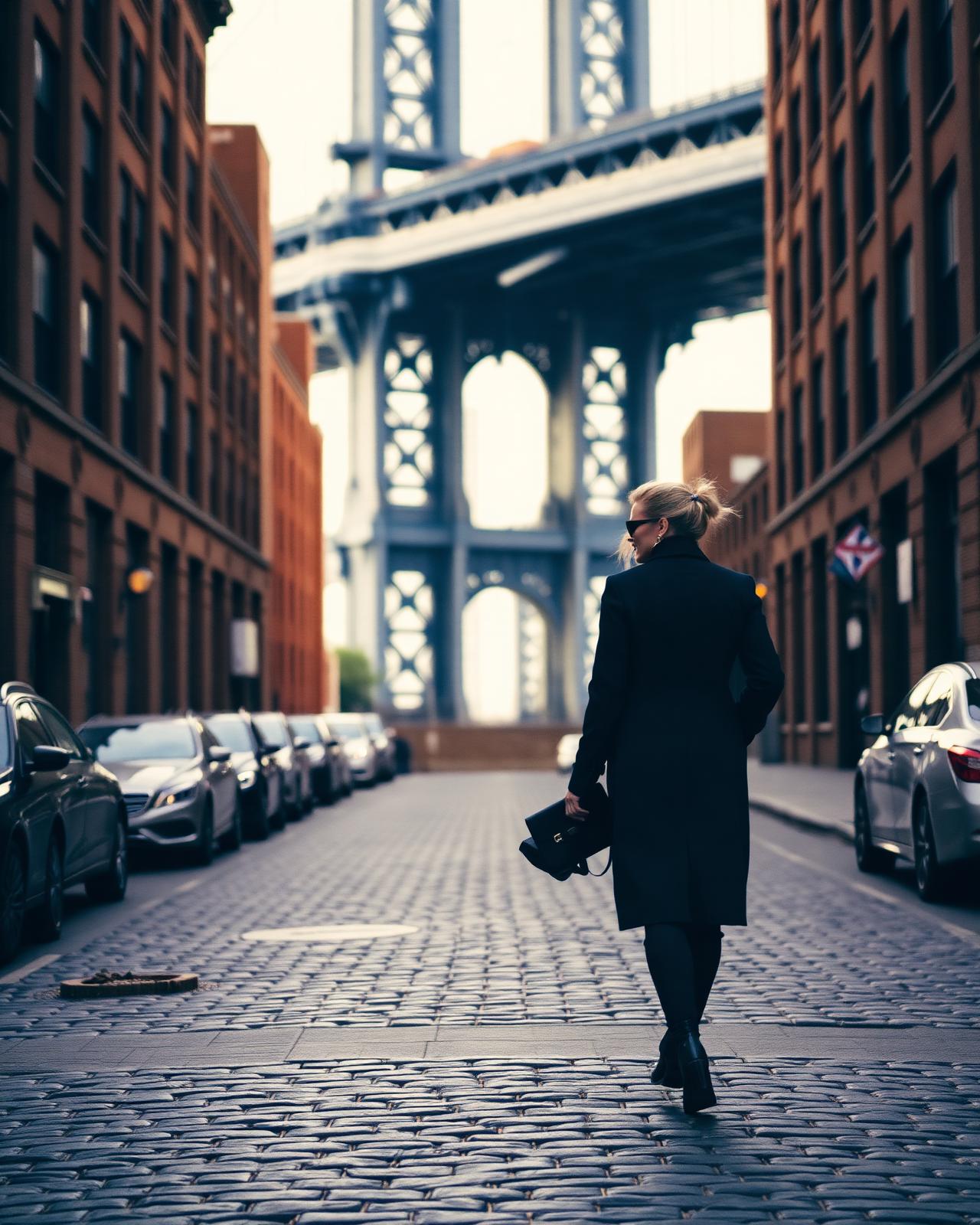 Traveler walking a Dumbo cobblestone street under the Manhattan Bridge