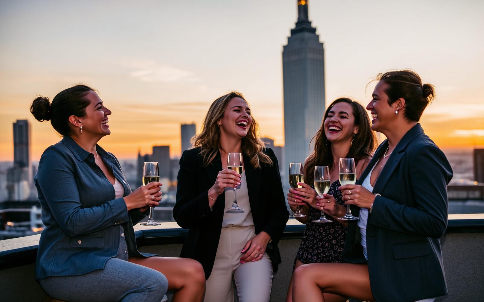 Friends celebrating on a New York rooftop at sunset